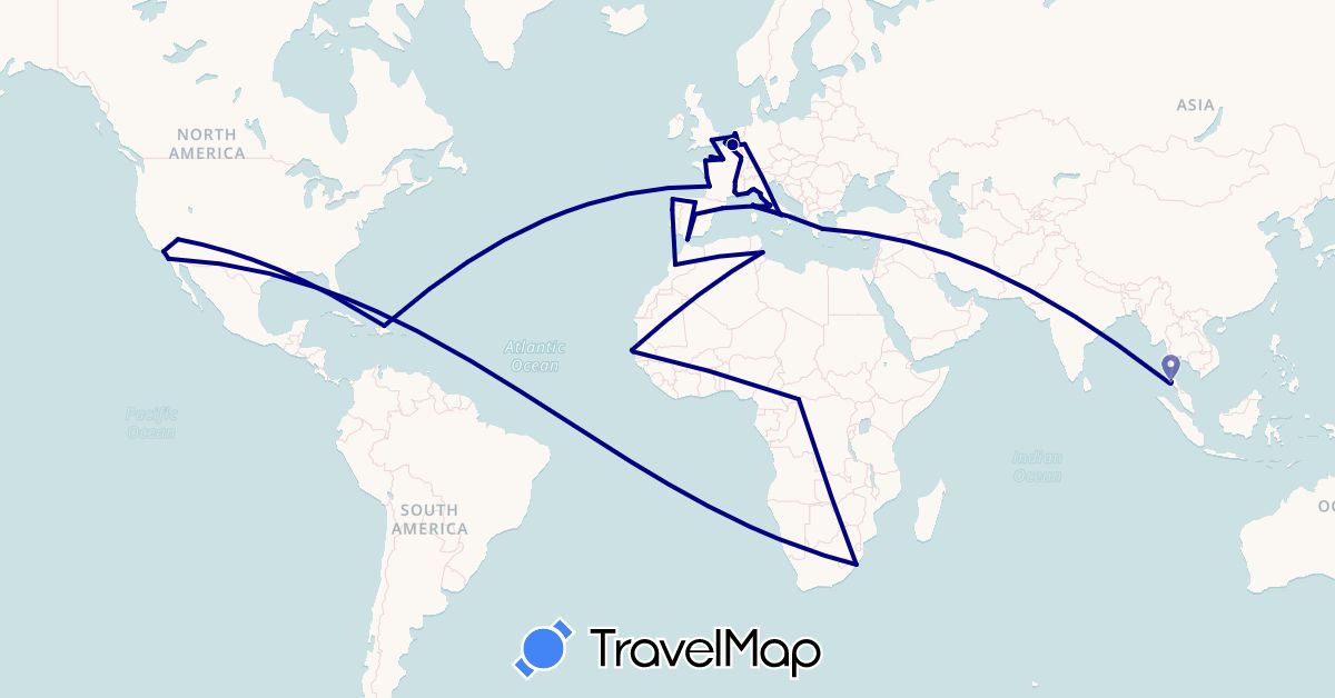 TravelMap itinerary: driving in Belgium, Central African Republic, Germany, Dominican Republic, Spain, France, United Kingdom, Gibraltar, Greece, Italy, Morocco, Netherlands, Portugal, Senegal, Thailand, Tunisia, United States, South Africa (Africa, Asia, Europe, North America)